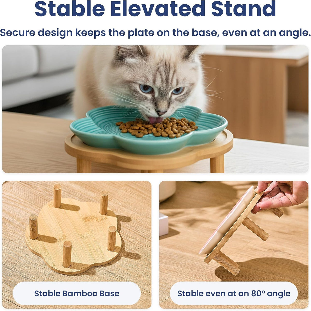 PawsPik Flower Ceramic Feeding Cat Plate with Raised Bamboo Stand, Blue