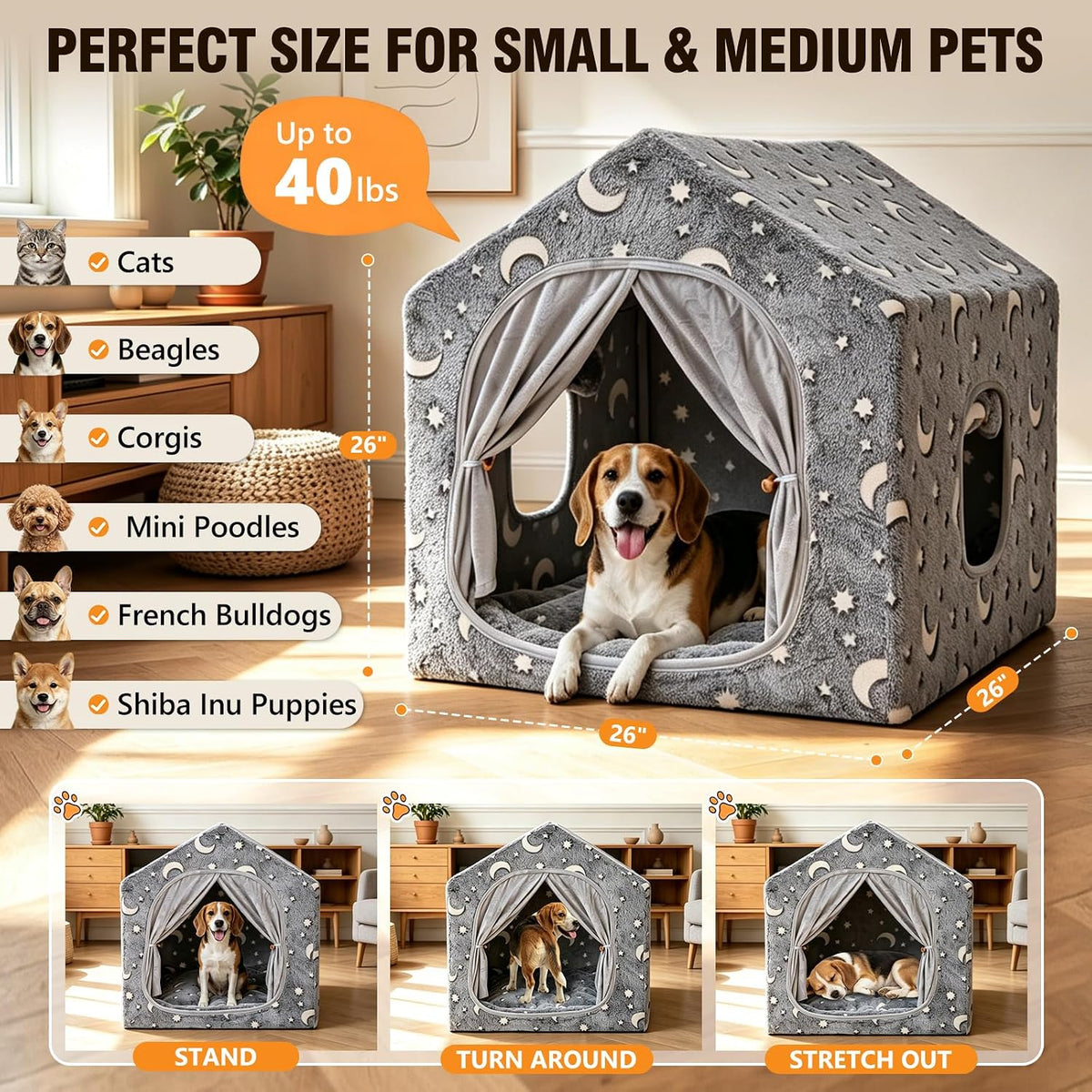 Indoor Dog House, Glow in the Dark Cave for Small & Medium Dogs