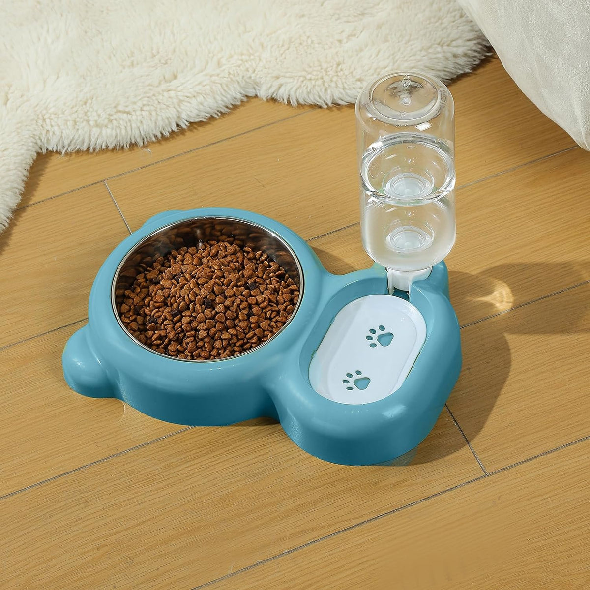 Dog Bowls, Cat Food and Water Bowl Set with Water Dispenser and Stainless Steel Bowl for Cats and Small Dogs - Blue