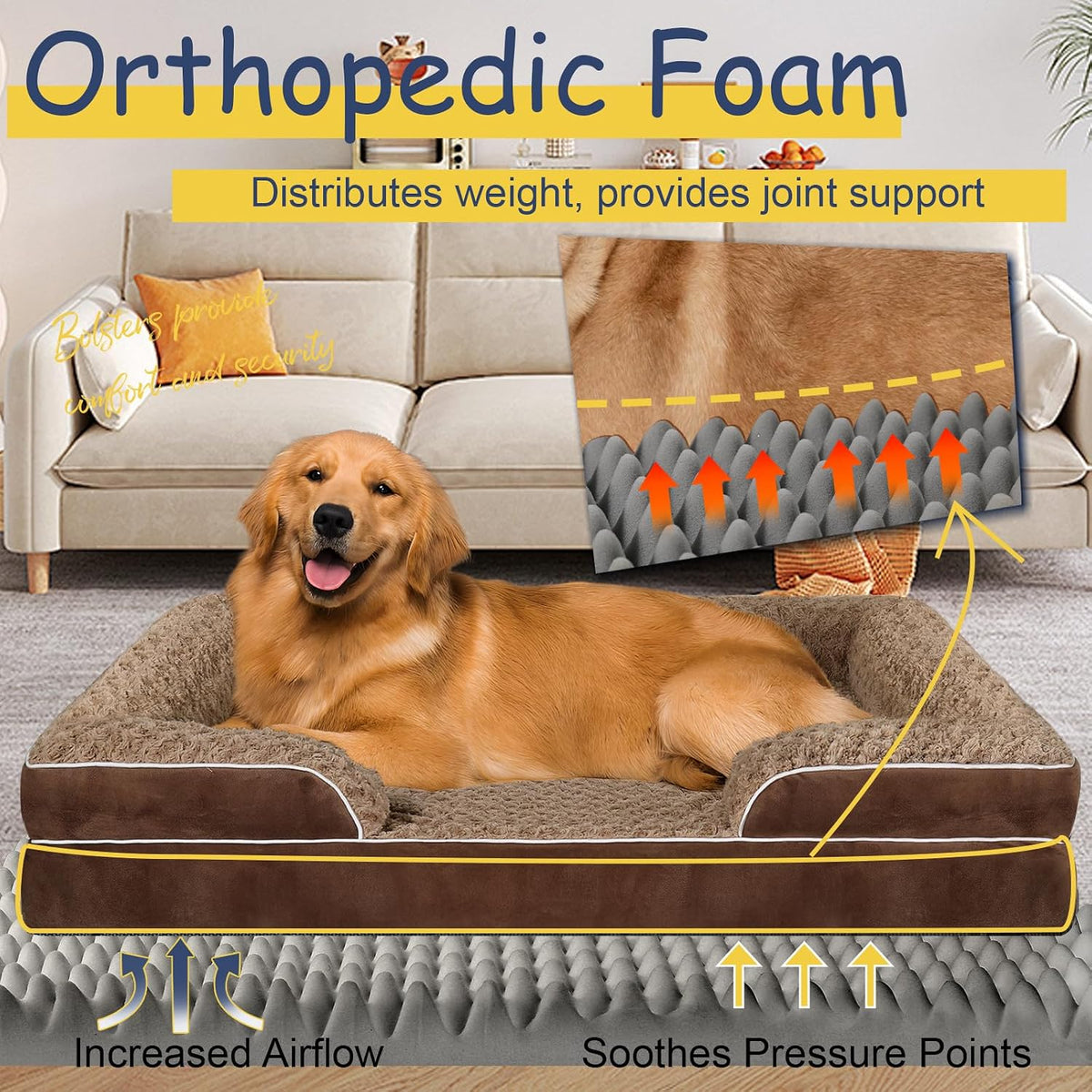 Orthopedic Dog Bed Medium Size Dog,Washable Dog Bed,Dog Couch Bed(Brown, M)