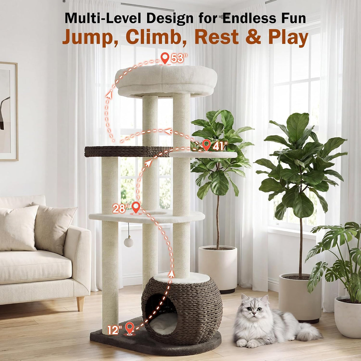 KAMABOKO Modern Cat Tree Tower, 54" Tall for Indoor Cats