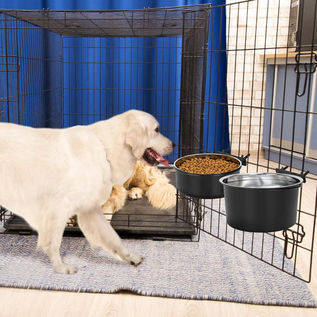 2 Pcs Stainless Steel Large Dog Crate Food Water Bowl, 77 & 45 OZ | Non-Spill, Detectable, Hanging Cage, Black Feeder Dish with Clamp Holder for Large Pets, Size 7.1x3.5'' & 6.3x2.6''