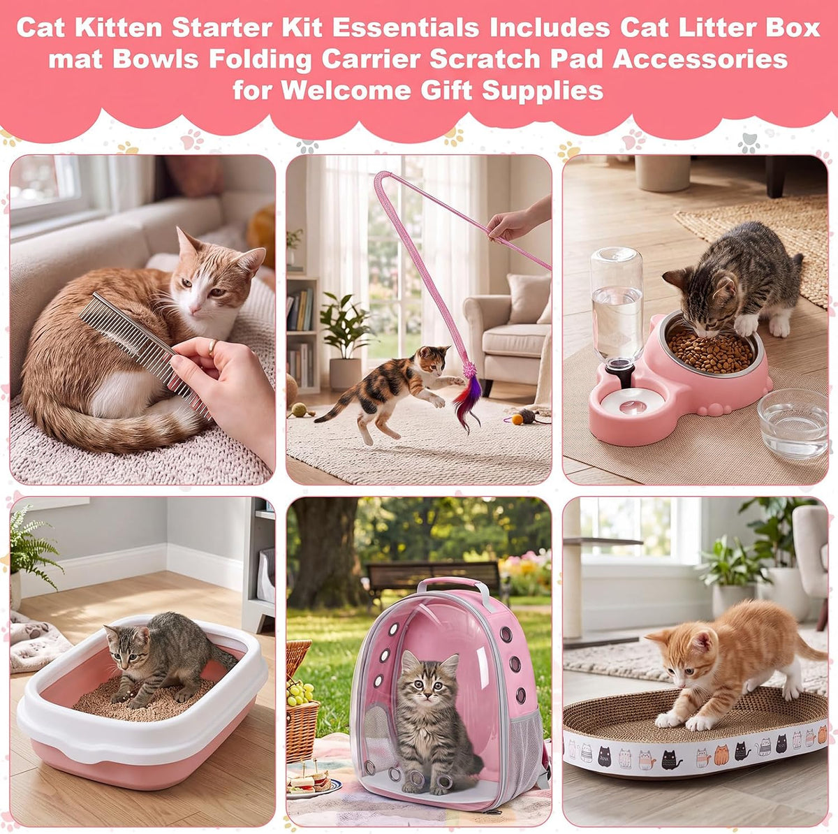 8 Pcs Kitten Supplies Starter Kit Cat Starter, Backpack, Pink
