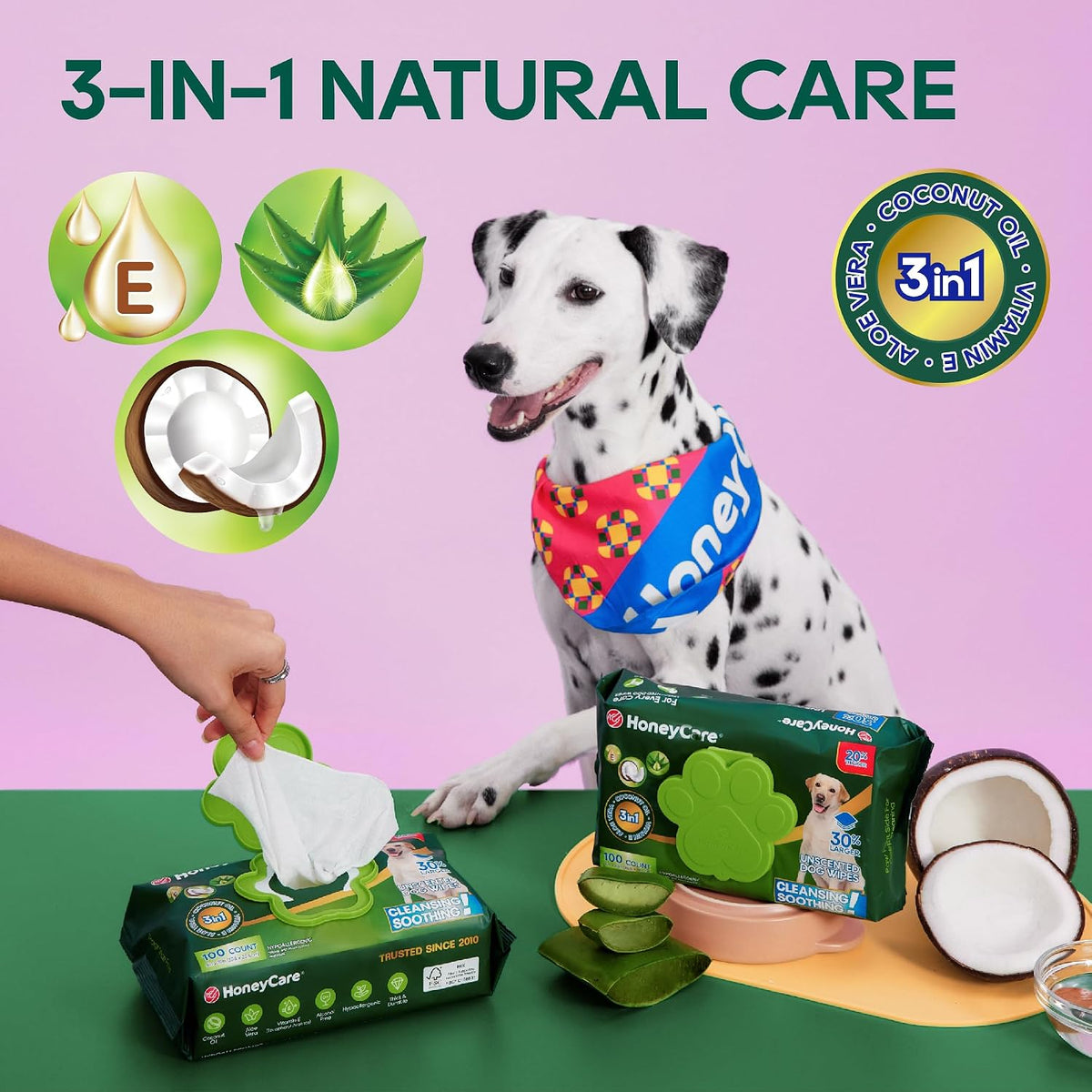 HONEY CARE Disposable Pet Wipes for Dogs & Cats, Fragrance-Free, 400 Count (4 Packs of 100 Wipes), Cleansing & Soothing for Paws, Butt & Body