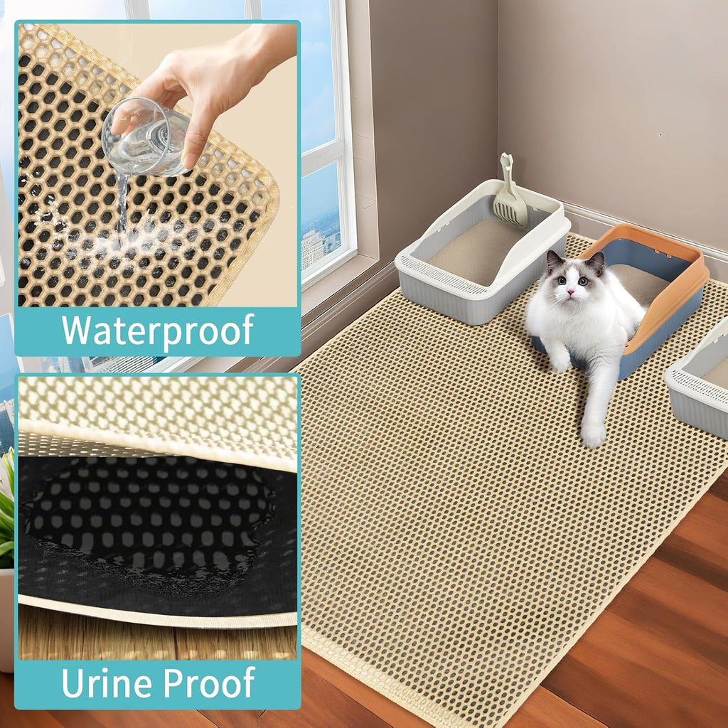 Cat Litter Mat XL 28"x47", Litter Mats Extra Large Easy Clean, Less Mess | EVA Double-Layer Honeycomb Litter Trapping Mat, Anti-Scatter Anti-Tracking Cat Mat, Waterproof, Rinse or Vacuum(Khaki)