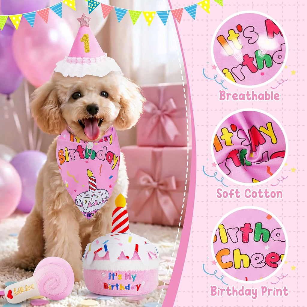 KIPRITII Dog Birthday Supplies with Cake Toys, Bandana & Hat for Small Dog | Photo-Ready Fun,Squeaky Birthday Toys,Dress-Up Fun,Adjustable Number Design,Soft Plush