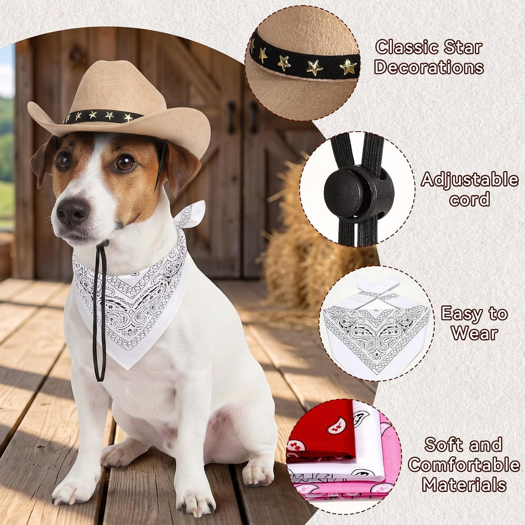 Pet Cowboy Costume, Dog Cowboy Hat with Bandana Scarf, Adjustable Cat Cowboy Hat for Party Cosplay Christmas, Halloween Cowboy Costumes for Small Pet Dogs Cats (Khaki, Small)
