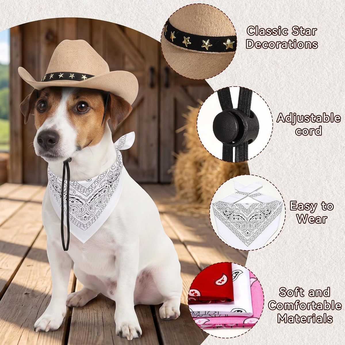 Pet Cowboy Costume, Dog Cowboy Hat with Bandana Scarf, Adjustable Cat Cowboy Hat for Party Cosplay Christmas, Halloween Cowboy Costumes for Small Pet Dogs Cats (Khaki, Medium)