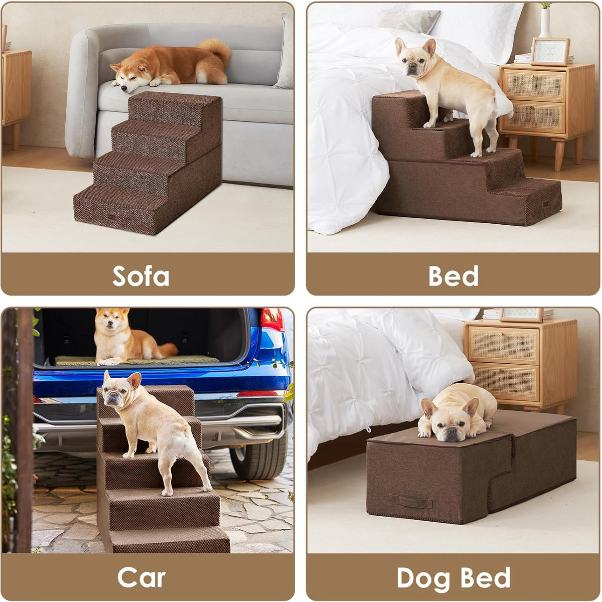 EHEYCIGA Dog Stairs for Bed 20" H, 4-Step Extra Wide Dog Steps, Brown