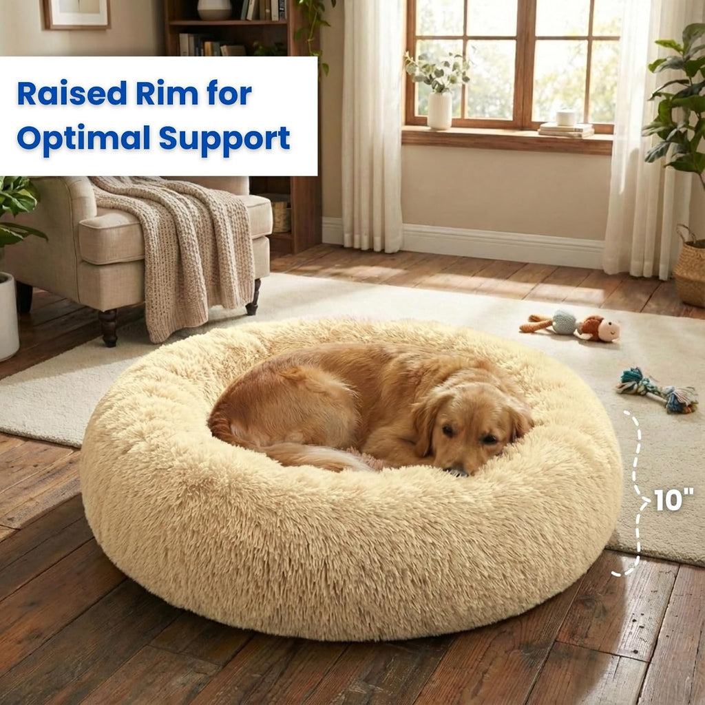 Calming Donut Dog Bed – Faux Fur Anti-Anxiety Pet Bed with Removable Washable Cover & Water-Resistant Liner – Plush Fluffy Round Nest, Non-Slip Bottom for Dogs & Cats – Large, Beige