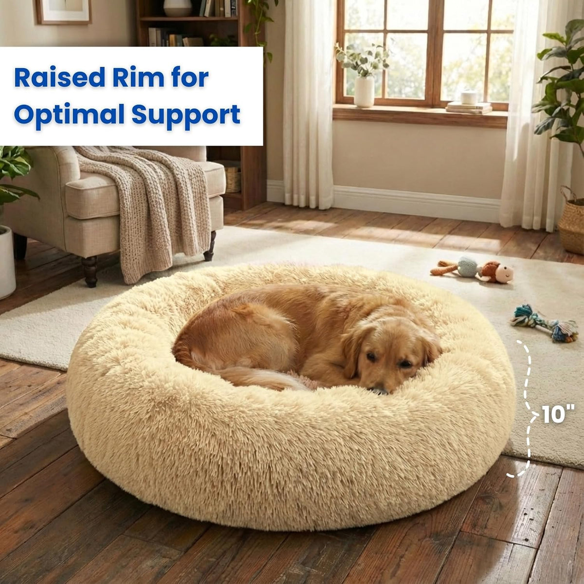 Calming Donut Dog Bed – Faux Fur Anti-Anxiety Pet Bed with Removable Washable Cover & Water-Resistant Liner – Plush Fluffy Round Nest, Non-Slip Bottom for Dogs & Cats – Large, Beige