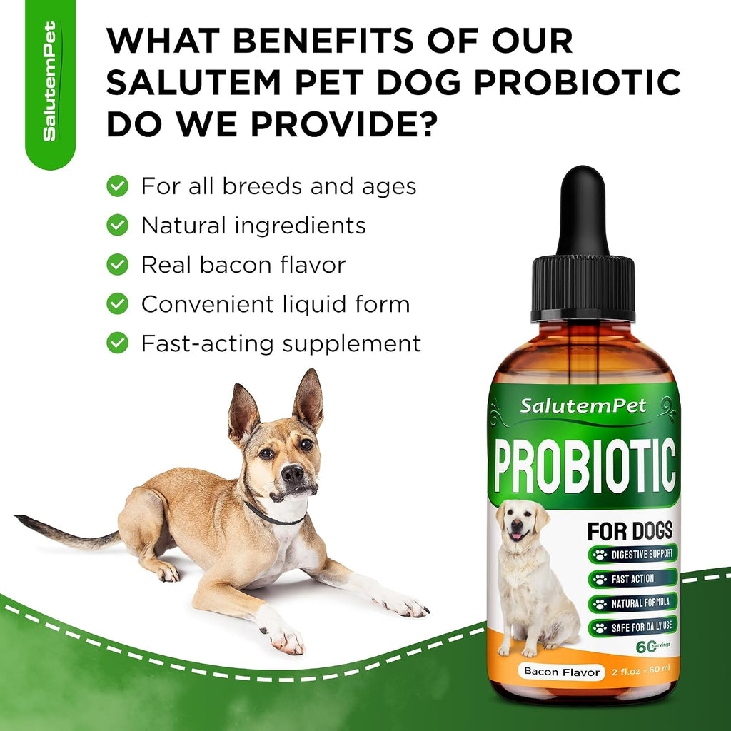 Probiotics for Dogs | Liquid Probiotics for Dogs and Puppies | Prebiotic & Digestive Enzymes | Gut Flora Support and Digestive Care | Bacon Taste | 2 Oz