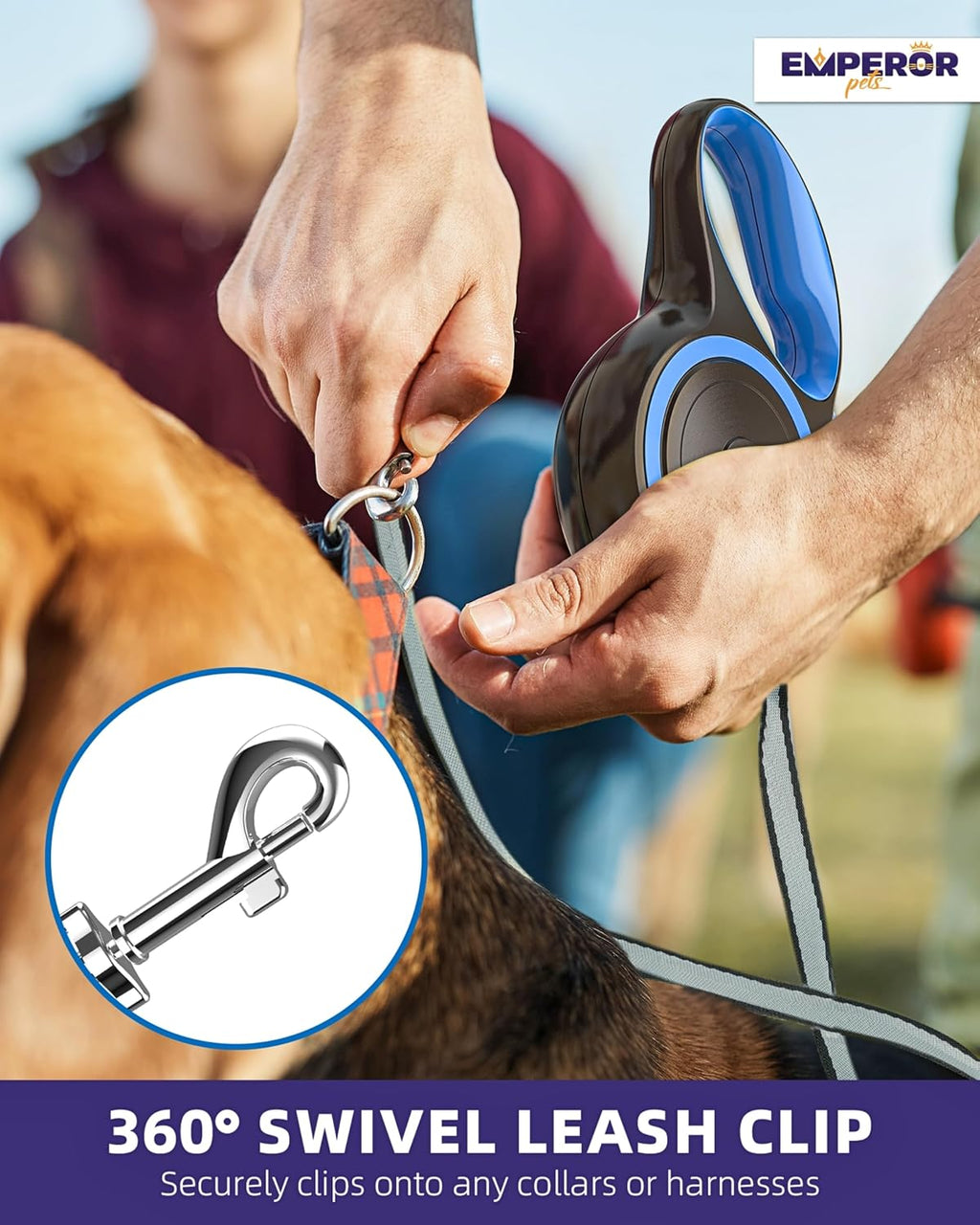 EMPEROR PETS 26.1 ft Retractable Dog Leash, for Dogs 10-110 lbs, Blue