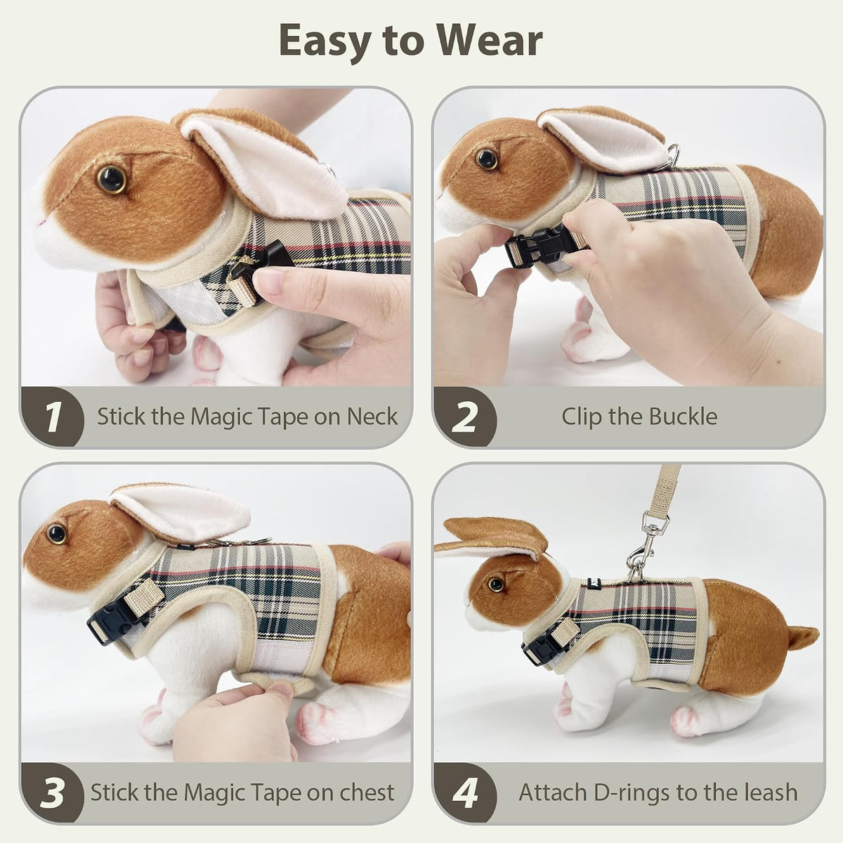 AIITLE Plaid Adjustable Cat Harness and Leash Set Escape Proof, Beige L