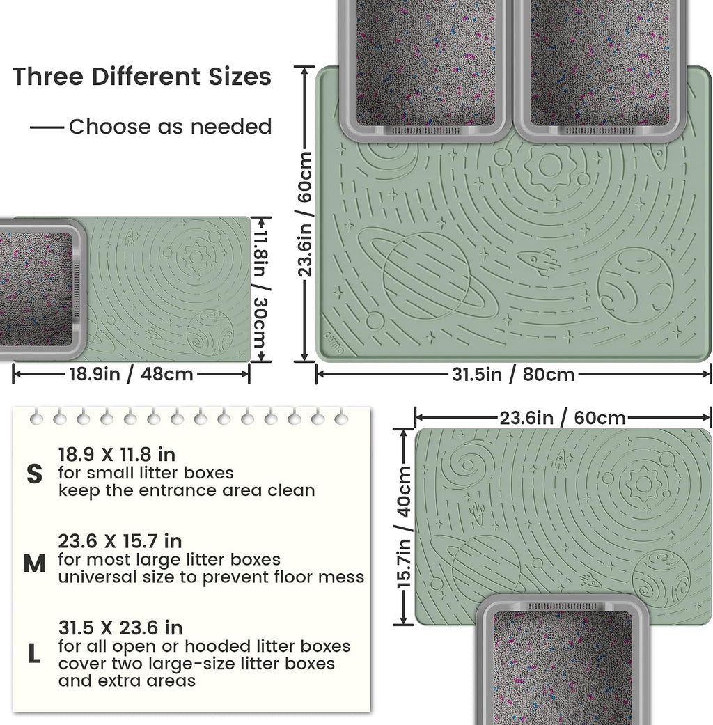 OHMO Cat Litter Mat Medium 23.6x15.7in, Sage Green Silicone Rubber Scatter Control Kitty Litter Box Trapping Mat, Waterproof Easy to Clean, Odorless Pet Supplies, Indoor Cat Essentials