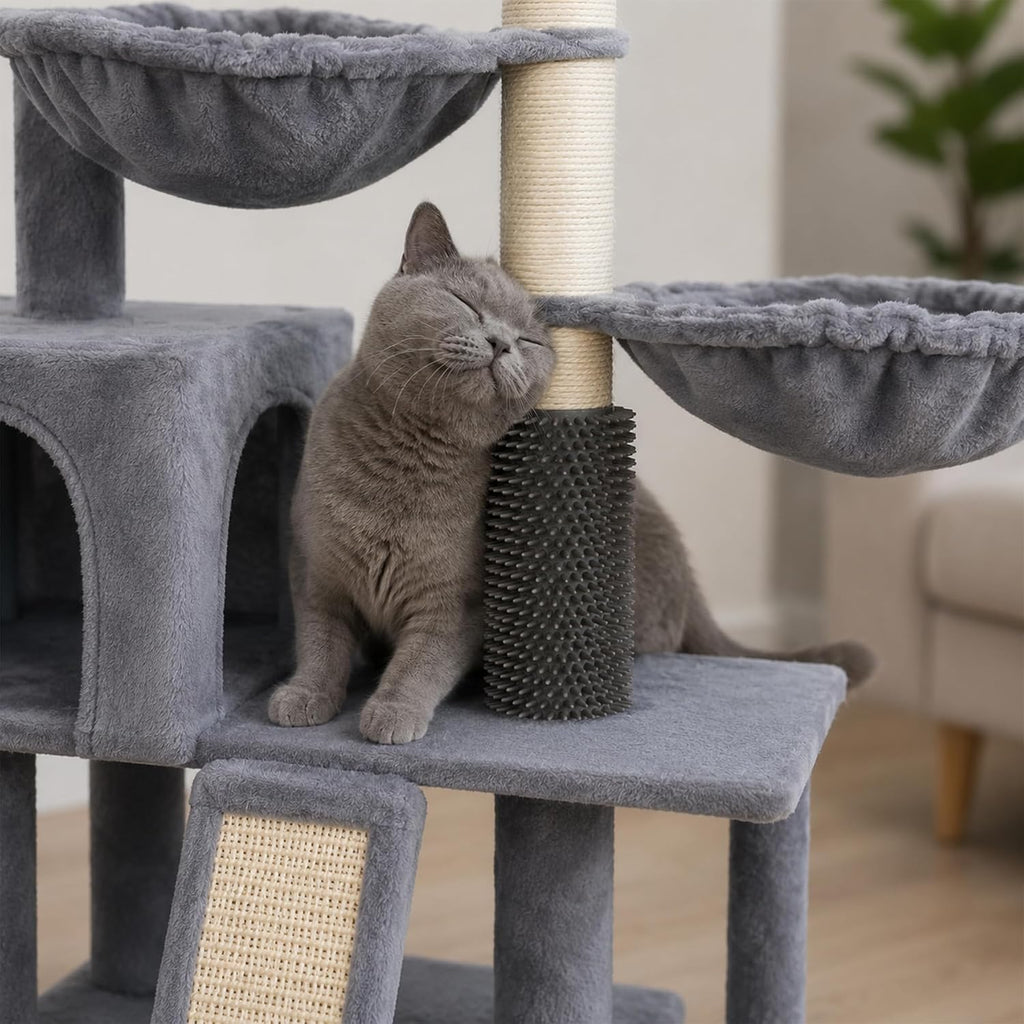 Smouatou Cat Tree with Cat Condo and Two Hammocks, Cat Tower with Scratching Posts and Scratching Pads Cat Toys, Grey