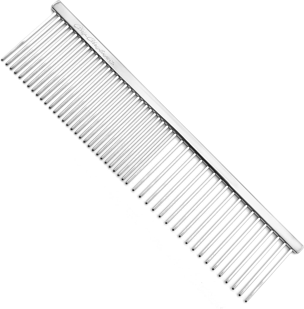 Chris Christensen 005 7.5 inch Fine/Coarse Long Tooth Greyhound-Style Butter Comb, Groom Like a Professional, Rounded Corners Prevent Friction and Breakage, Solid Brass Spin with Steel Teeth, Chrome 