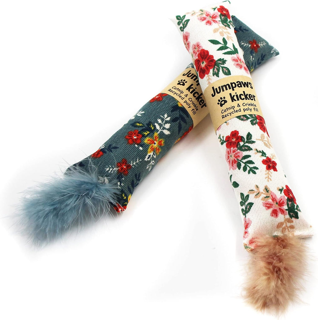 Jumpaws 2 Pack Natural Interactive Catnip & Silvervine Cat Kicker with Feathers, Bite Resistant Chew Toy, Crinkle Kicker, Accessories for Indoor Cat, Premium Corduroy Floral