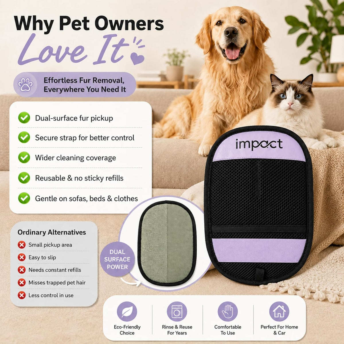 Pet Hair Removal Glove, Reusable Electrostatic Fur Remover for Dogs and Cats