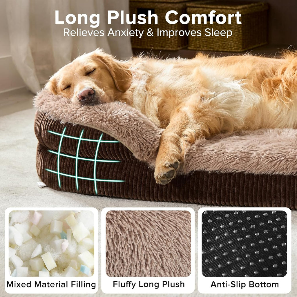 INVENHO Fluffy Orthopedic Dog Beds Large Sized Dog, Jumbo Egg-Crate Foam Bolster Sofa Bed with Washable Removable Waterproof Cover, Fluffy Plush Faux Fur Dog Bed with Non-Skid Bottom