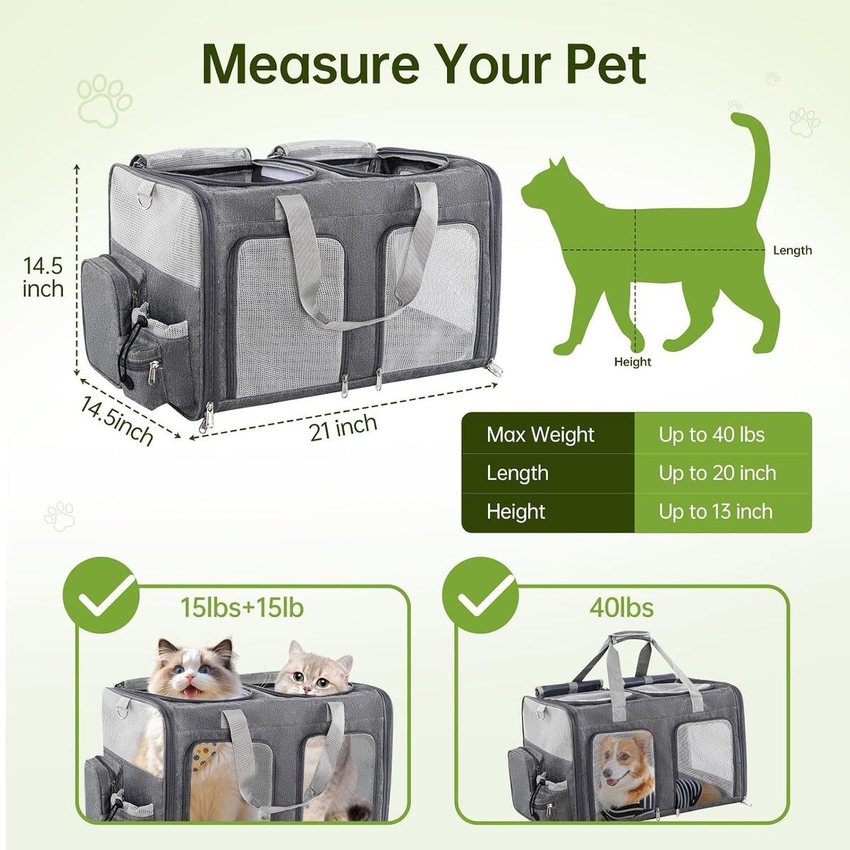 Cat Carrier for 2 Cats Double Pet Carrier Extra Large Multi Cat Travel Gray