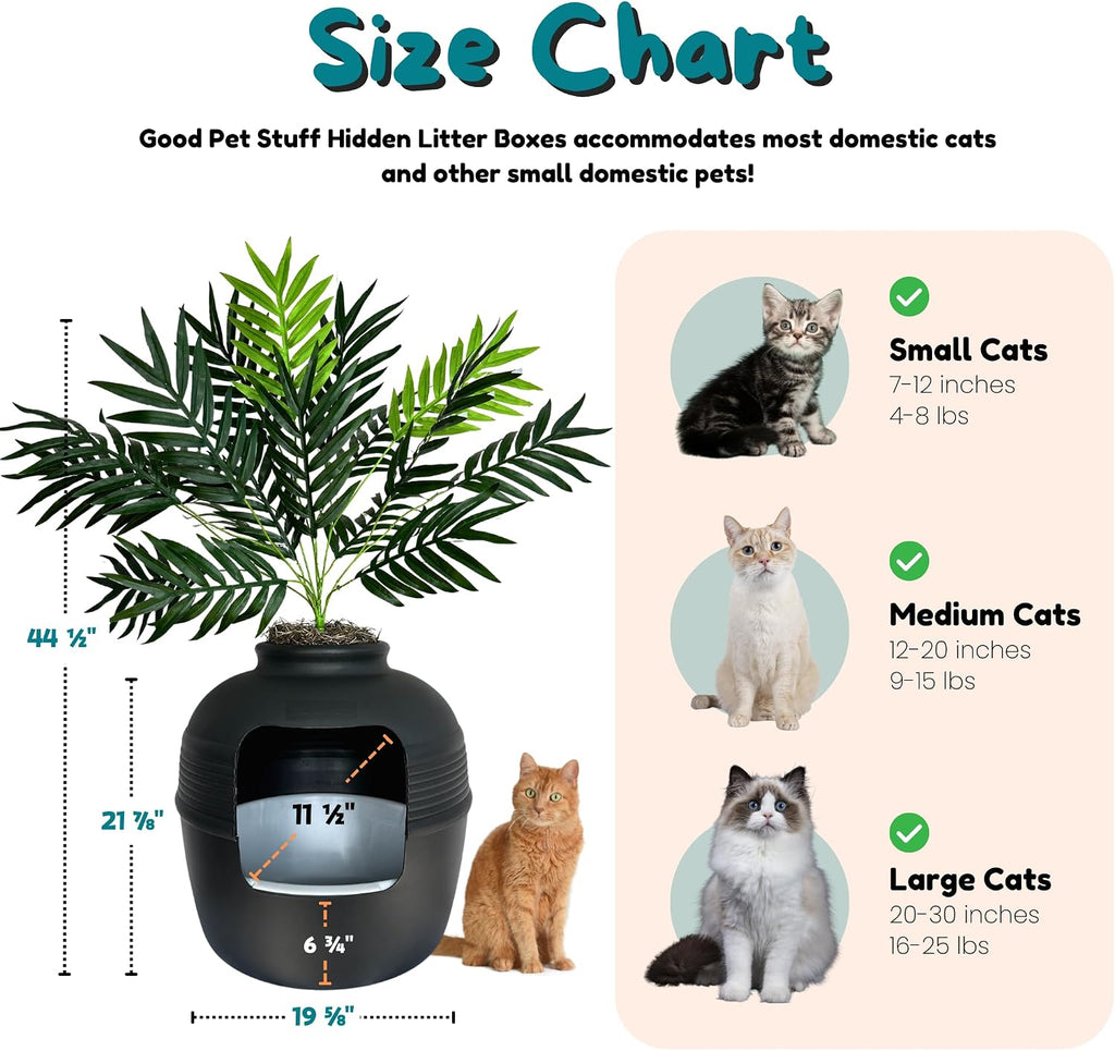 Good Pet Stuff Original Hidden Litter Box Planter, Decorative Cat Litter Enclosure, Carbon Filter, Faux Plant, Easy to Clean, Round Design, Removable Tray, Essentials Kit, Palm Plant, Charcoal Black