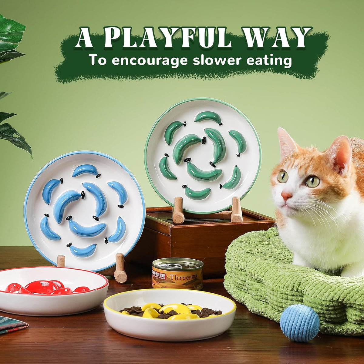 Ceramic Slow Feeder Cat Bowl, 6.3'' Wide Whisker Friendly Cat Puzzle Feeder | Slow Eating 5x, Anti Vomit Shallow Slow Eating Cat Dish for Dry and Wet Food, Contrasting Colors, 6.3" X 1.2"