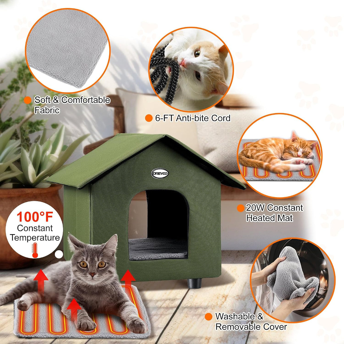 Dreyoo 2 Pack Heated Cat House Weatherproof, Green