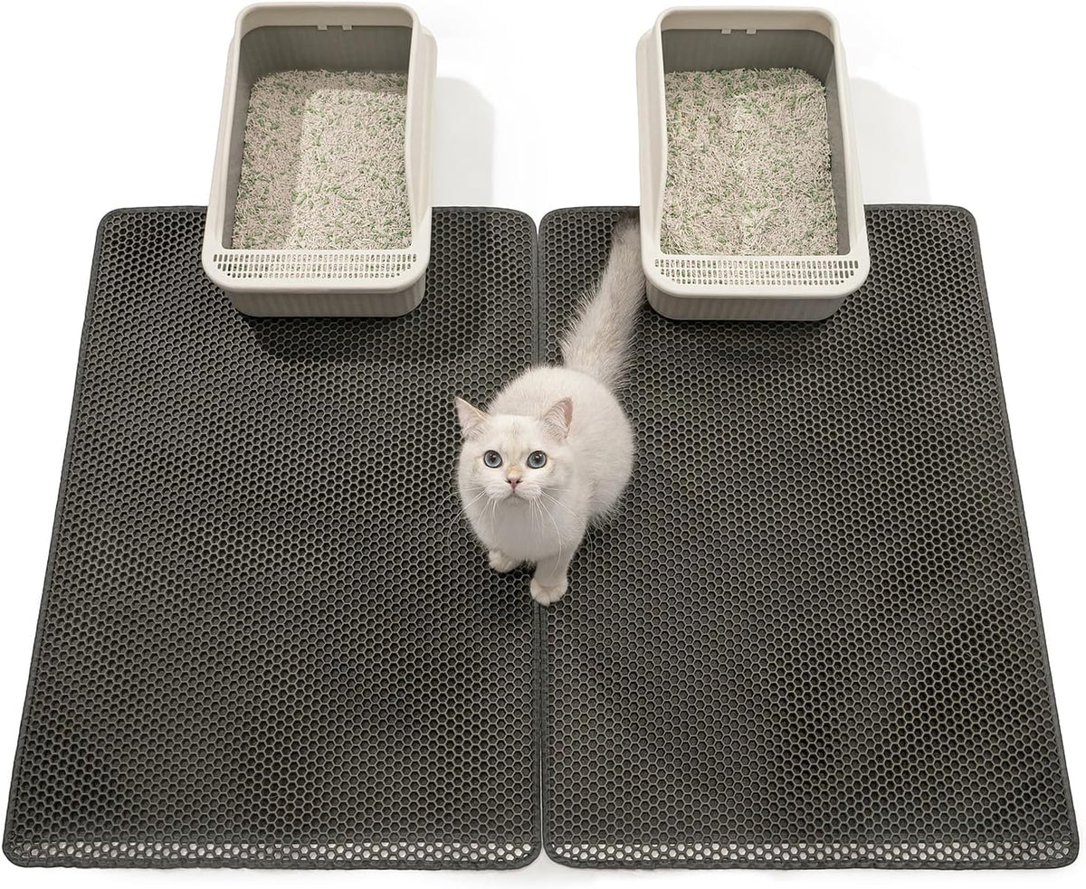 Litter Box Mat, 25x35in 2-Pack, Cat Litter Trapping Mat for Litter Boxes | Honeycomb Litter Mat, Litter Catching Mat, BPA-Free, Waterproof & Urine-Proof Cat Mat, Less Mess, Easy Lift & Clean, Gray