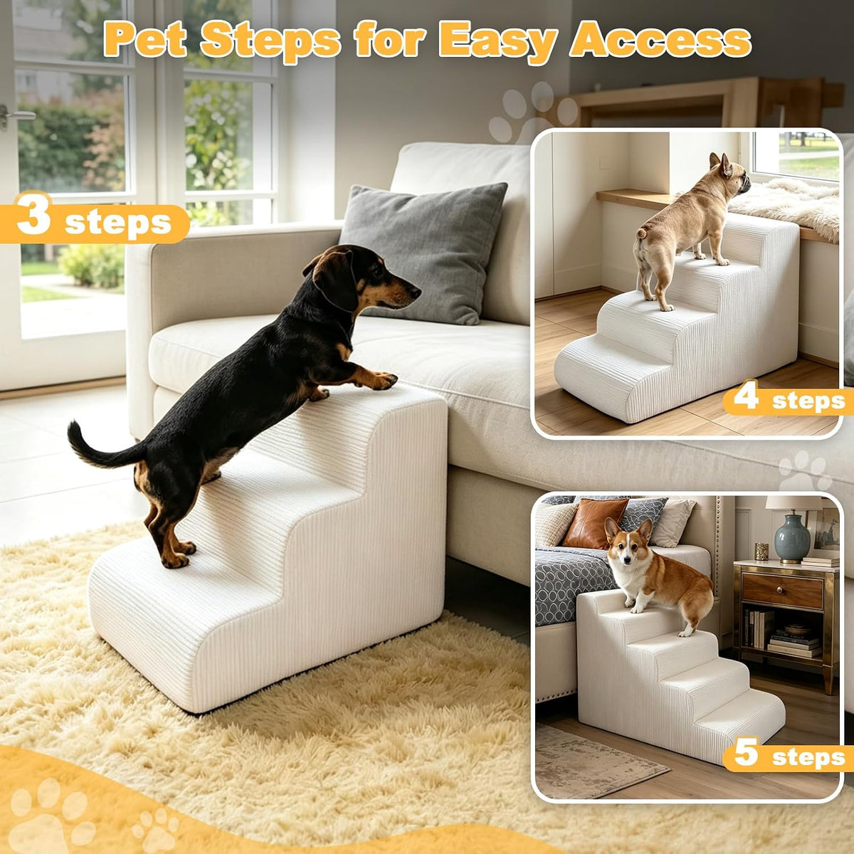 Dog Stairs for Small Dogs, 3-Steps Pet Ramp for Couch Bed, 15" H