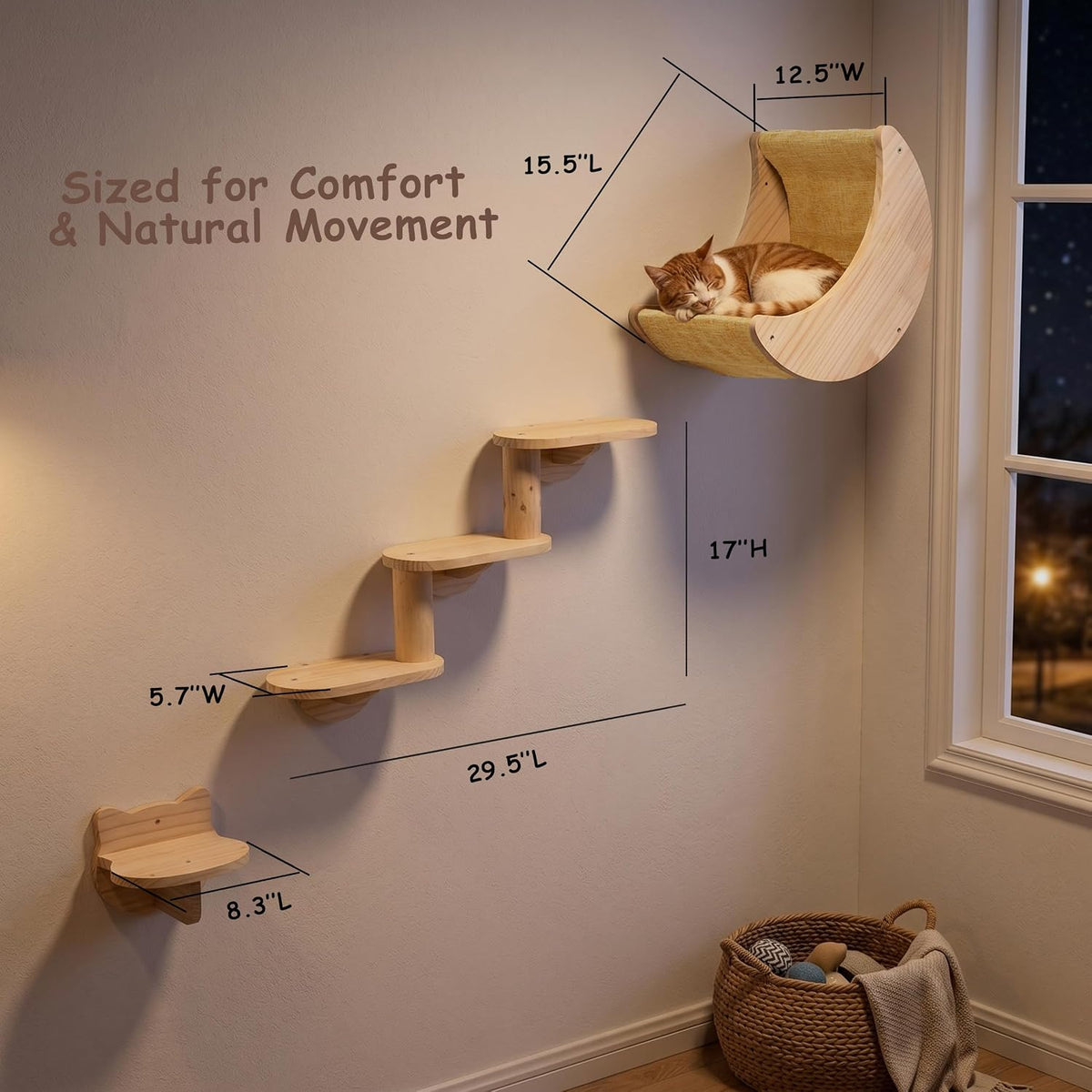 Cat Wall Shelves, Solid Wood Moon Bed, 3-Step Ladder & Perch for Climbing
