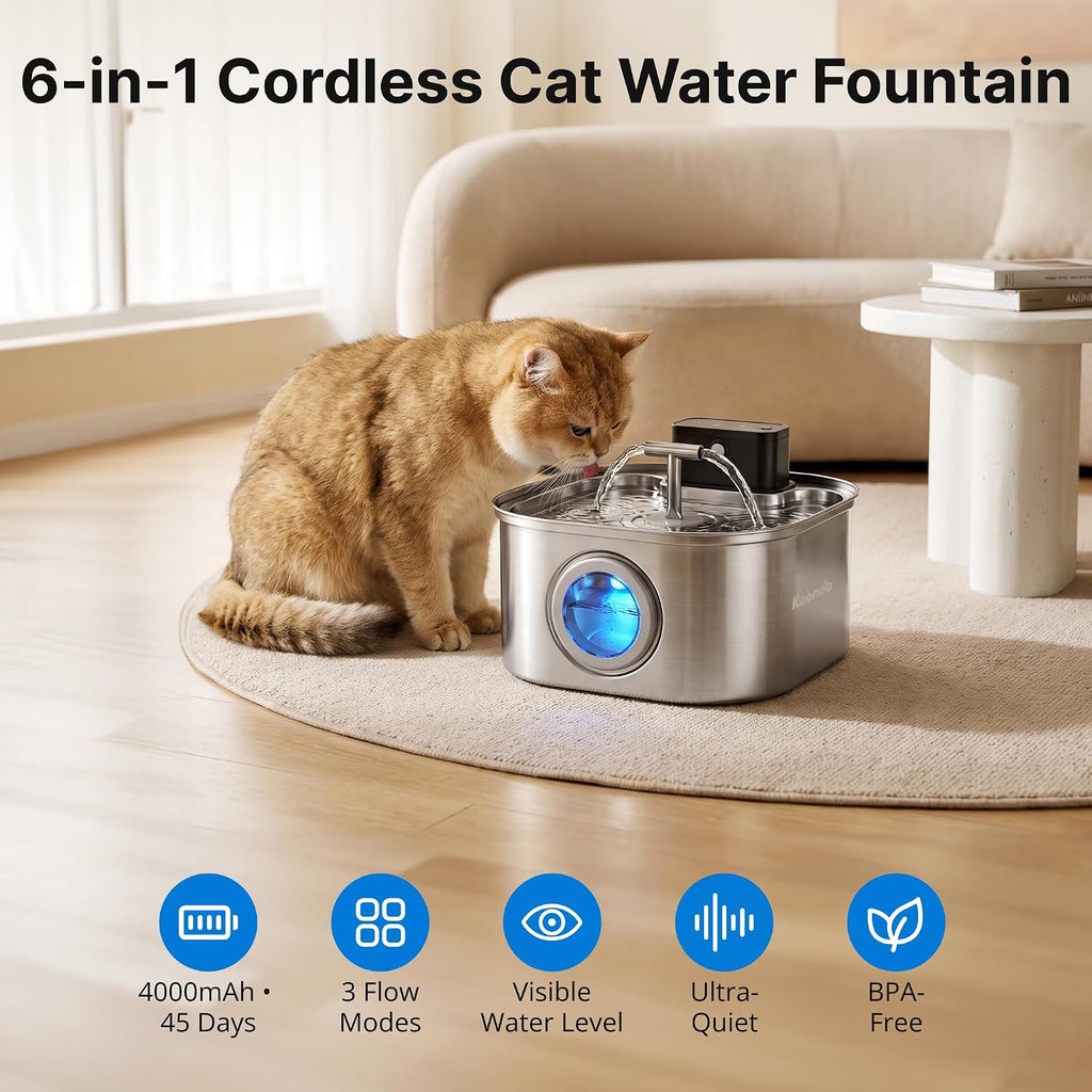Wireless Cat Water Fountain Stainless Steel 3.2L, Battery Operated Pet Water Dispenser with Motion Sensor & Dual Stream Spout, Ultra Quiet Cordless Automatic Drinking Fountain for Cats Dogs Indoor,