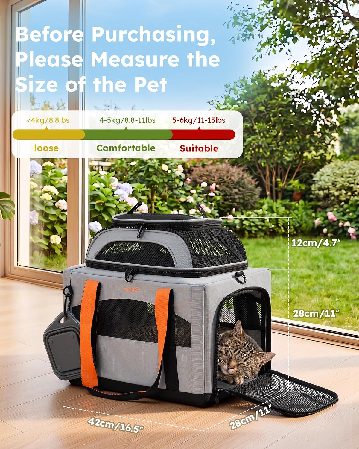 Pecute Cat Carrier,Top Expandable Dog Crate for Travel, Grey