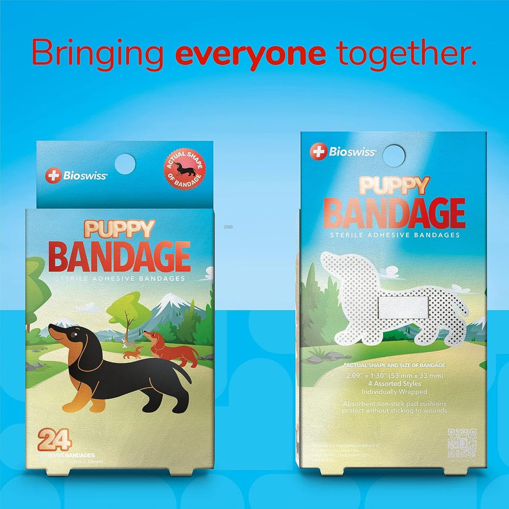 BioSwiss Bandages, Weiner Dog Shaped Self Adhesive Bandage Set, Latex Free, Sterile Wound Care, 24 Count