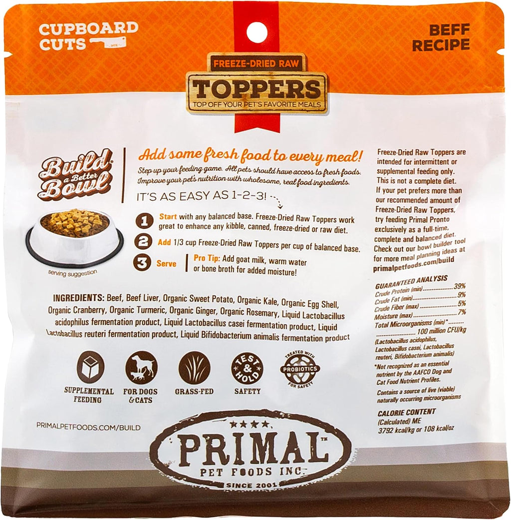 Primal Dog Food Toppers & Cat Food Toppers, Cupboard Cuts, Grain Free Meal Mixers with Probiotics, Raw Freeze Dried Dog Treats & Cat Treats, Great for Training (Beef, 3.5 oz) (Pack of 2)