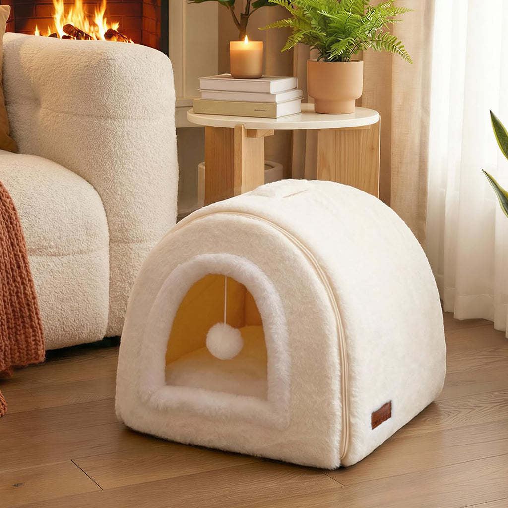 Cat Bed for Indoor Cats，Foldable cat cave，Anti-Slip & Water-Resistant Bottom，cat Houses for Indoor Cats or Small Dogs, Kitten Tent, Rabbit Bed (Cream, M:(15.7"×15.7"×14.1"))
