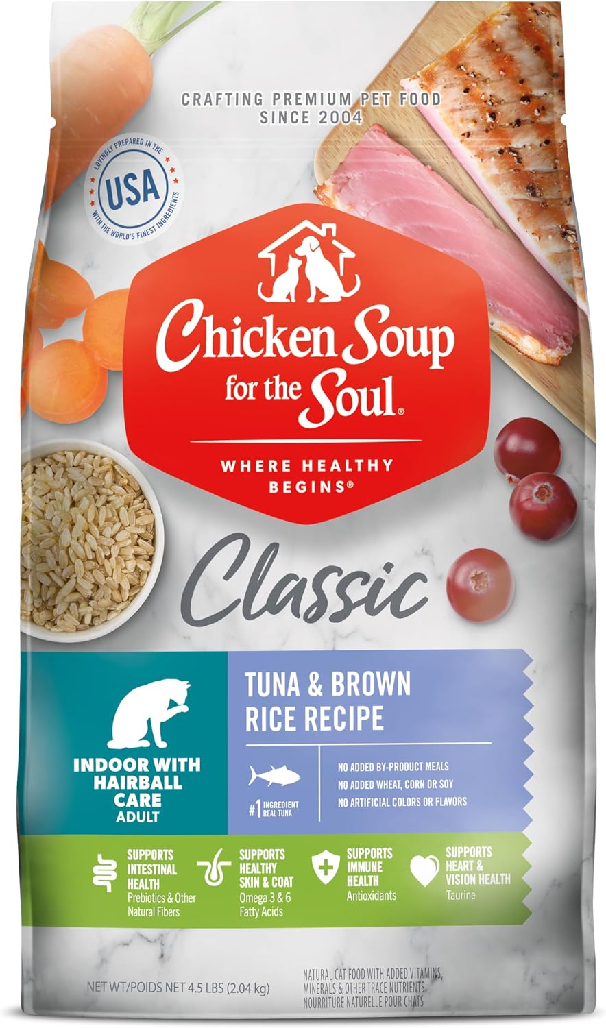 Chicken Soup for Soul Pet Food Indoor Cat - Tuna & Brown Rice, 4.5 LB Bag, All Life Stages, Dry Cat Food with Real Ingredients