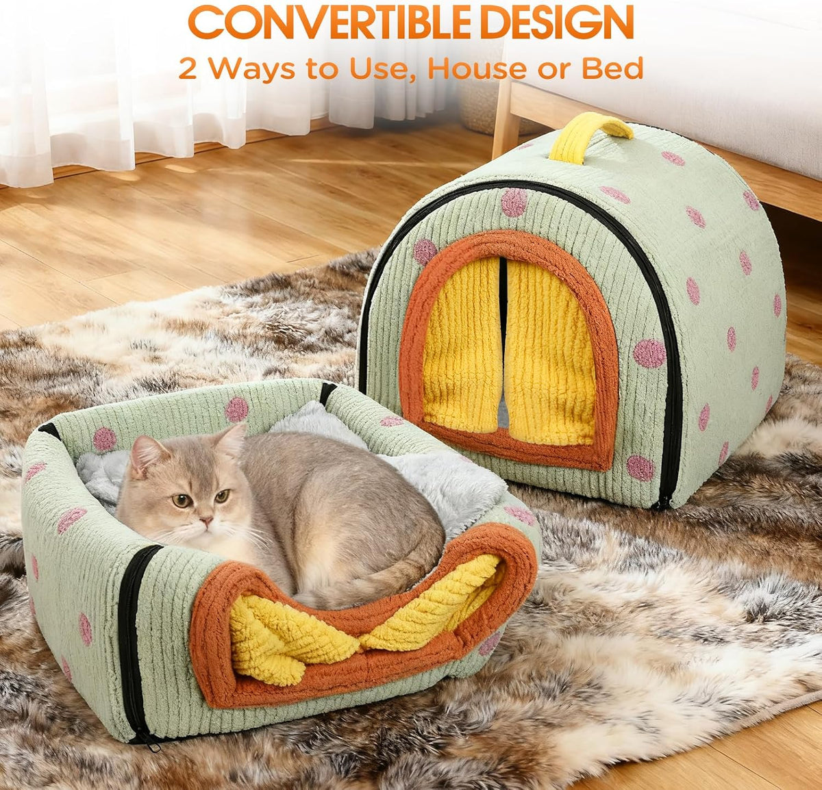 Dog House Indoor for Small Dogs & Cats, 2-in-1 Enclosed Dog Bed, Green M