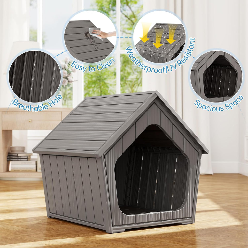 Fancyango Small Dog House Outdoor Indoor, Durable Plastic Waterproof Doghouse with Air Vents and Elevated Floor, Easy Clean and Assemble (Grey, 23.5" L×22.5" W×22.2" H)