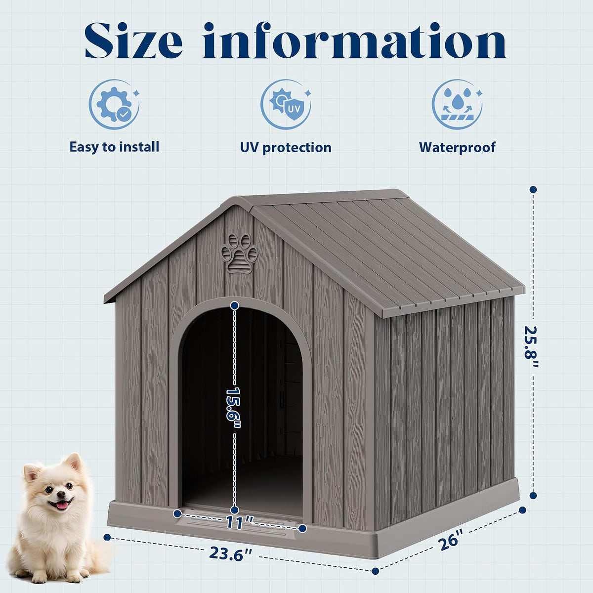 Dog House Outdoor, Plastic Small Dog House-Weatherproof Design with Air Vents & Elevated Floor for Small to Medium Dogs, Easy Clean and Assemble (Standard Grey, 26''L × 23.6''W × 25.8''H)