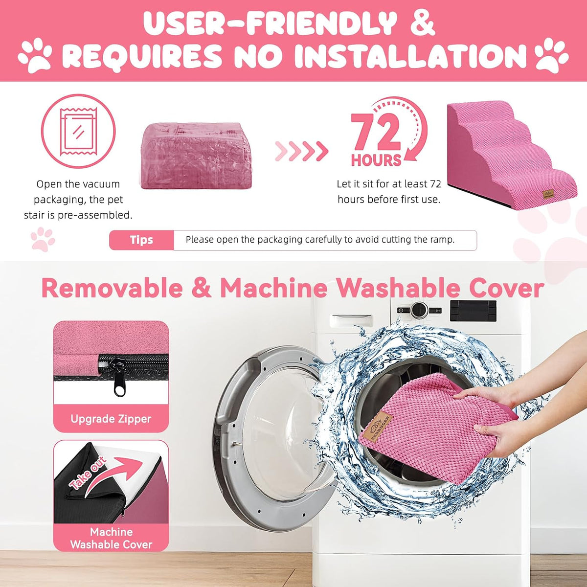 Zerbuger Dog Ramp and Stairs for Bed, Pink 4 Steps 20" H, Nonslip Cover