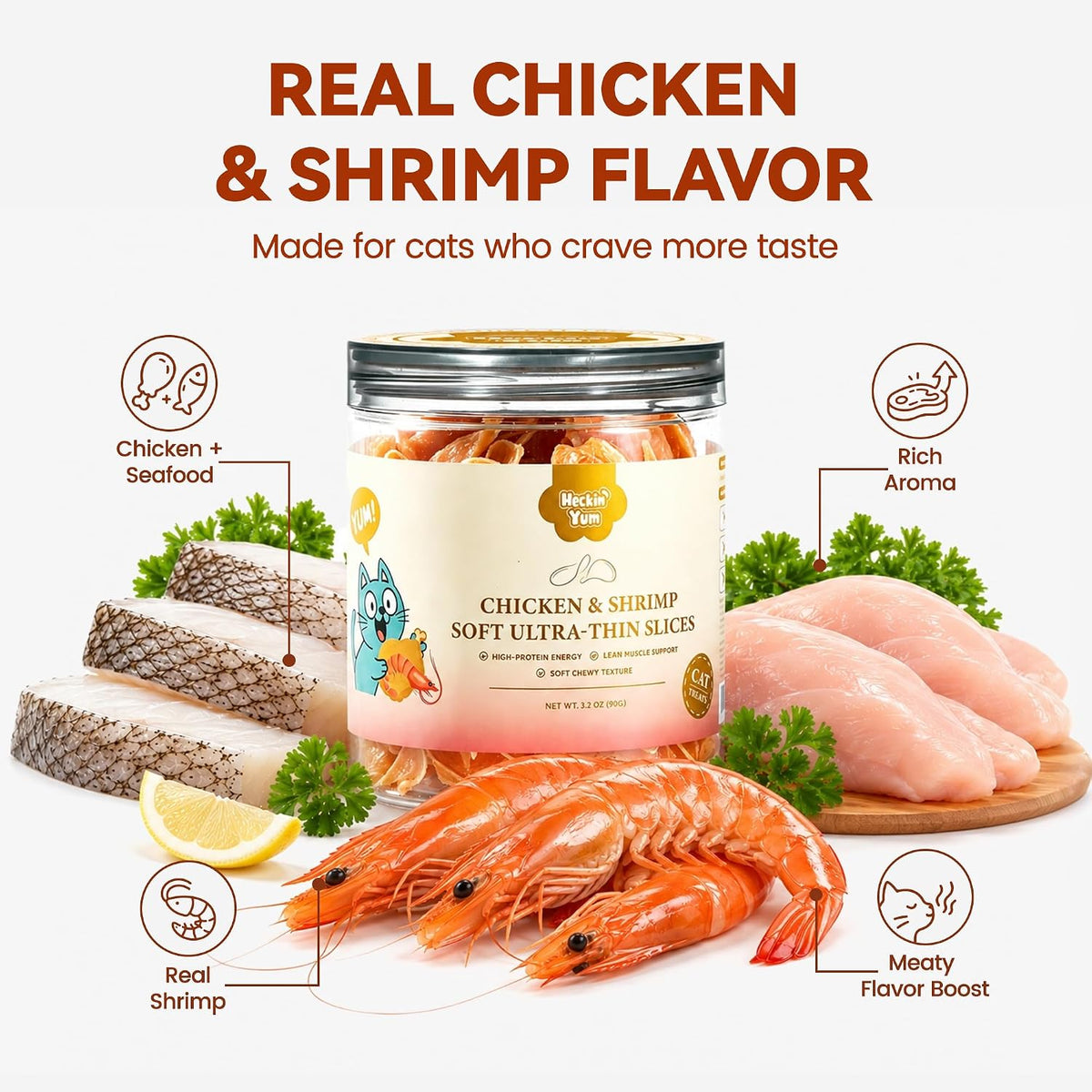 Soft Chicken & Shrimp Cat Treats Thin Slices Easy Chew 3.2 oz