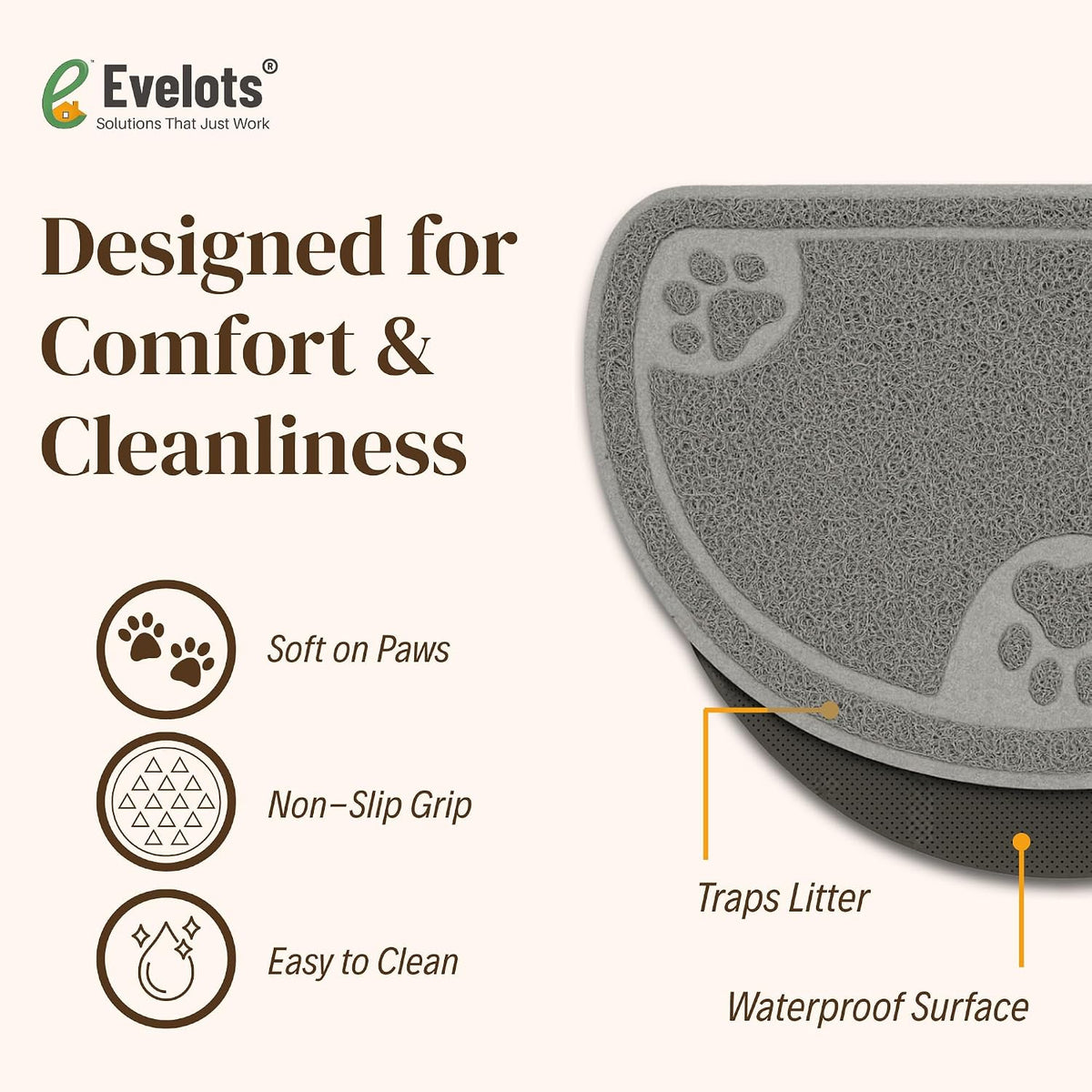 Evelots Small Cat Litter Trap Mat, Waterproof, Non-Slip, Washable, Gray | Soft absorbent mat traps litter and mess, protects floors from urine and moisture, stays in place and is machine washable.
