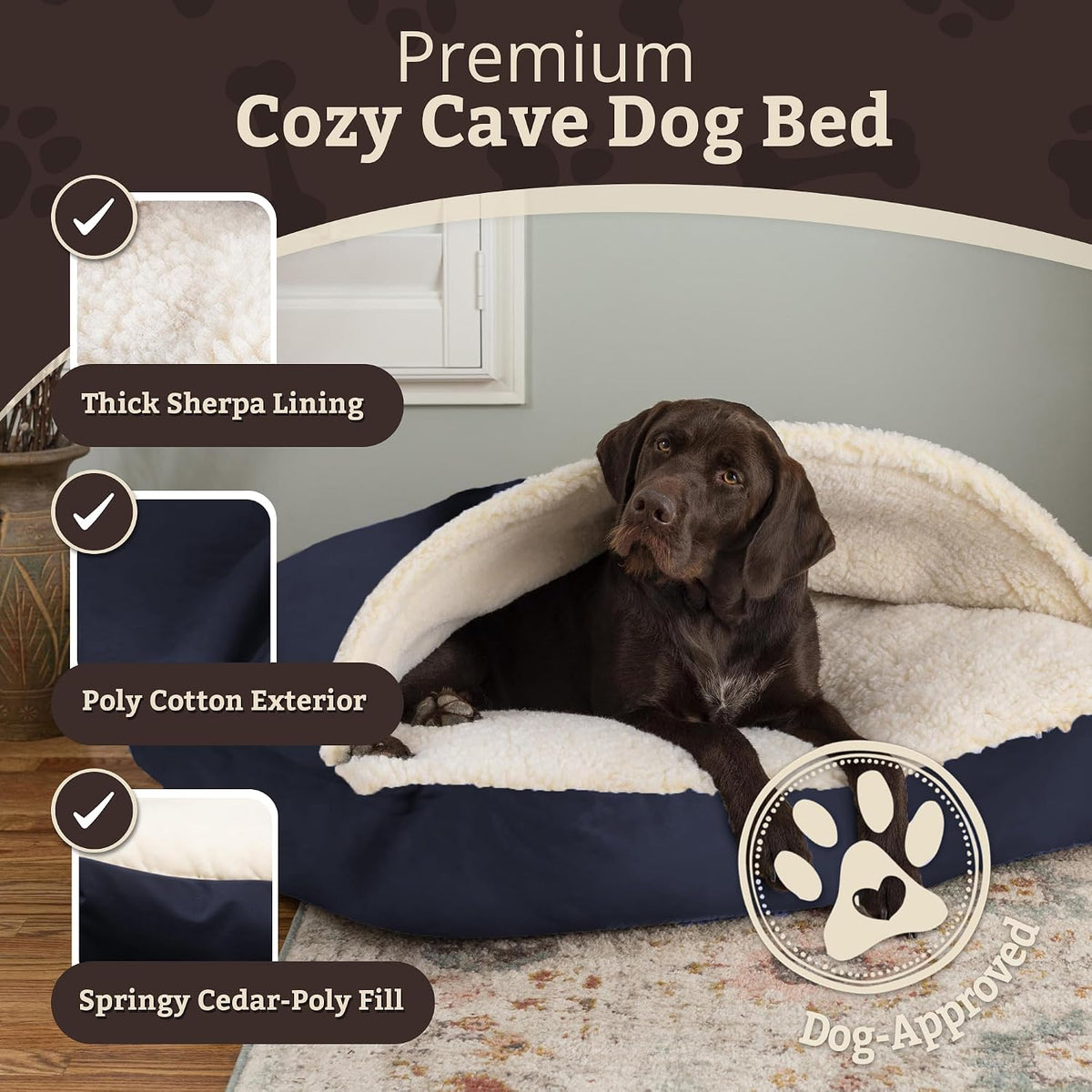 Snoozer Rectangle Cozy Cave Dog Bed, Hooded Dog Bed, Navy (XL)