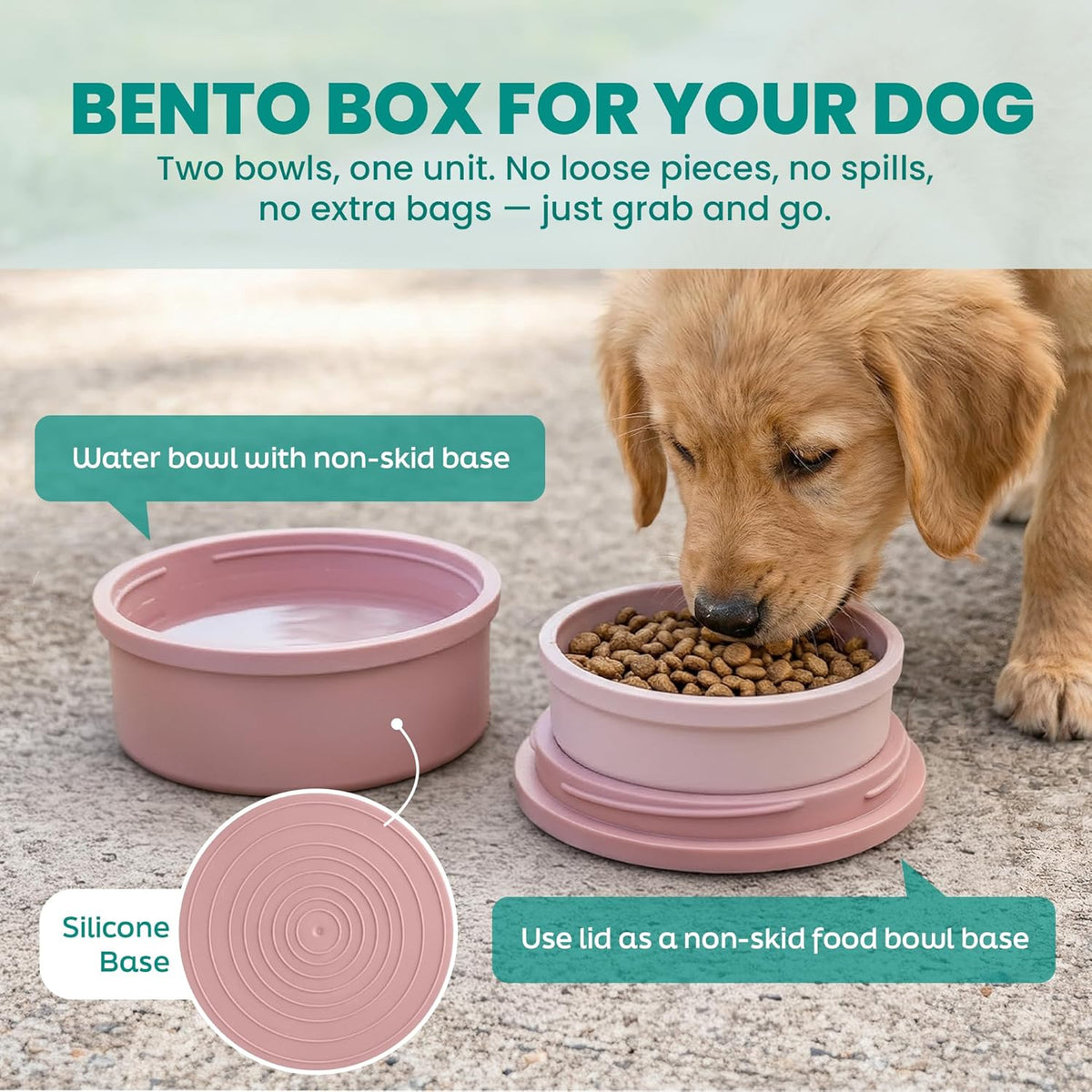 Dog Travel Bowls - Set of 2 Portable Pet Food & Water Dishes with Lid & Handle - Each Nesting Container Includes a Non-Slip Silicone Base - Microwave & Dishwasher Safe - BPA & Toxin-Free