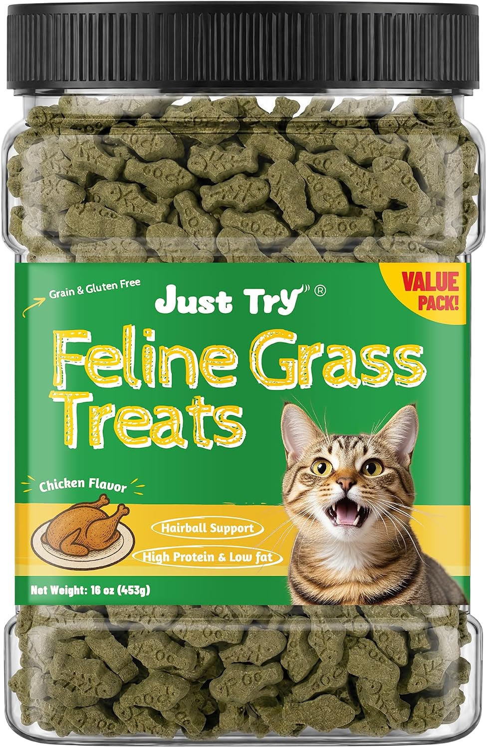 Just Try 16 oz Feline Grass Treats Chicken Flavor Hairball Treats for Cats