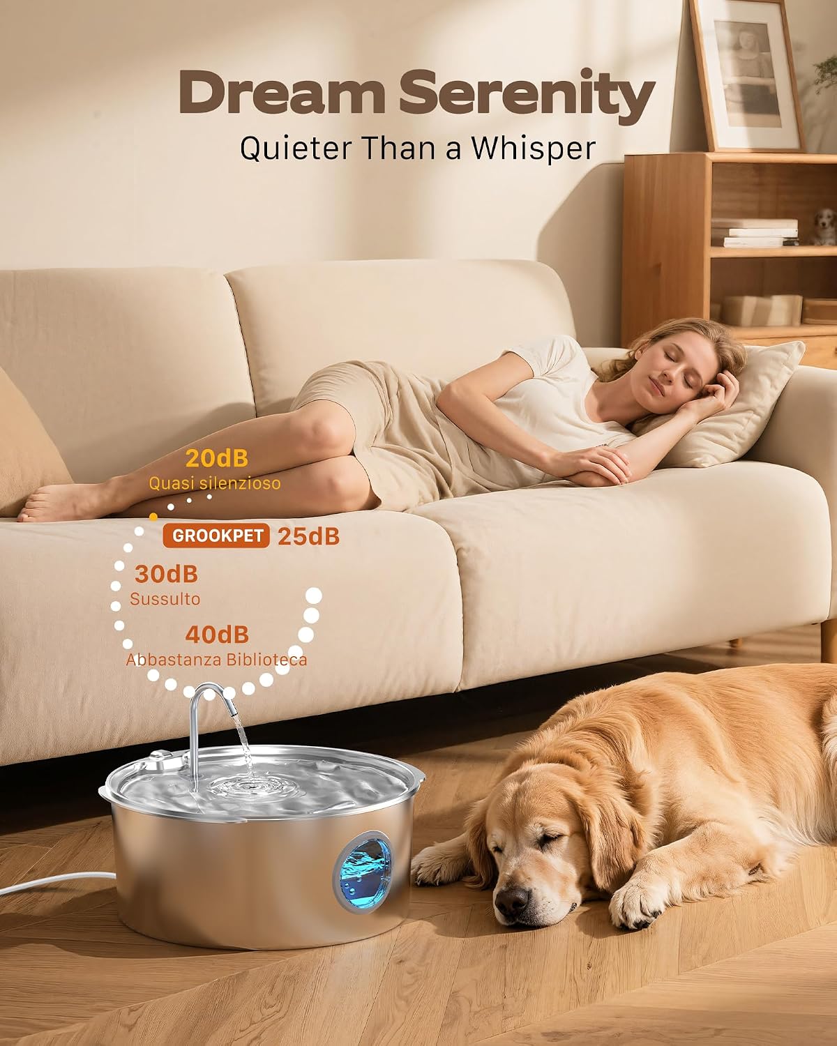 Pet Water Fountain for Large Dogs: Metal Dog Water Fountain - Silent Big Cat Fountains for Drinking - 3.2G/406oz/12L Water Fountain Dog Bowl Inside - GROOKPET Fountains with 6 Filters + 3 Sponges