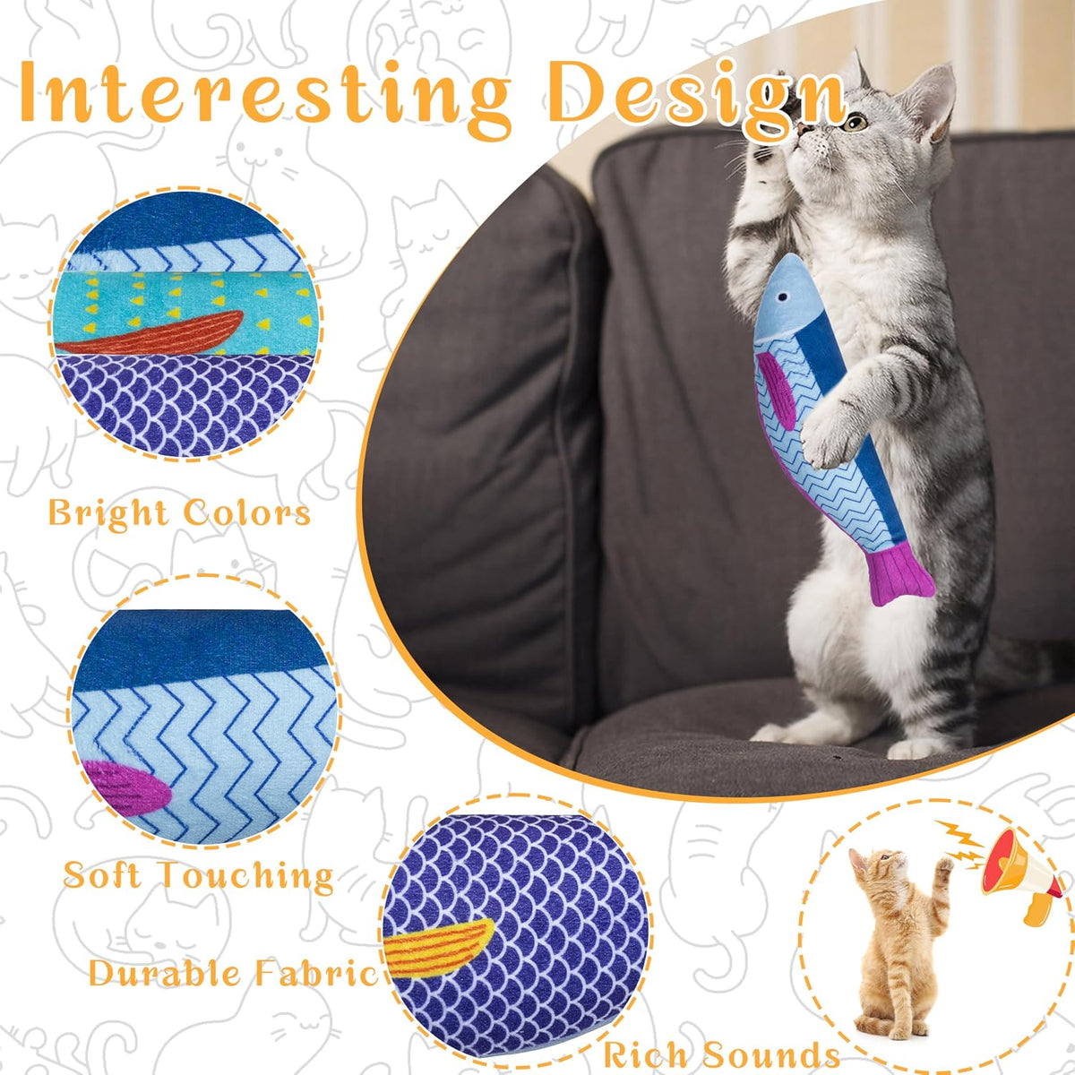 Soft Catnip Toys Fish, 3 Pack Bell Sound Cat Toys for Indoor Cats