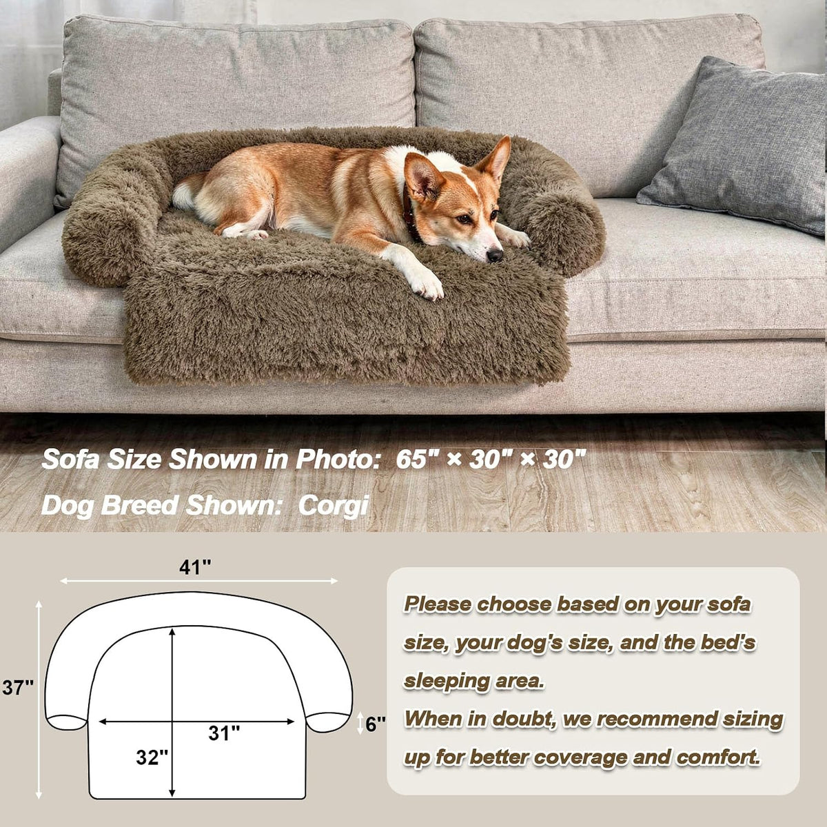Calming Dog Bed Fluffy Plush Dog Mat for Furniture Protector with Removable Washable Cover for Large Medium Small Dogs and Cats (Medium(41x37x6), Camel)