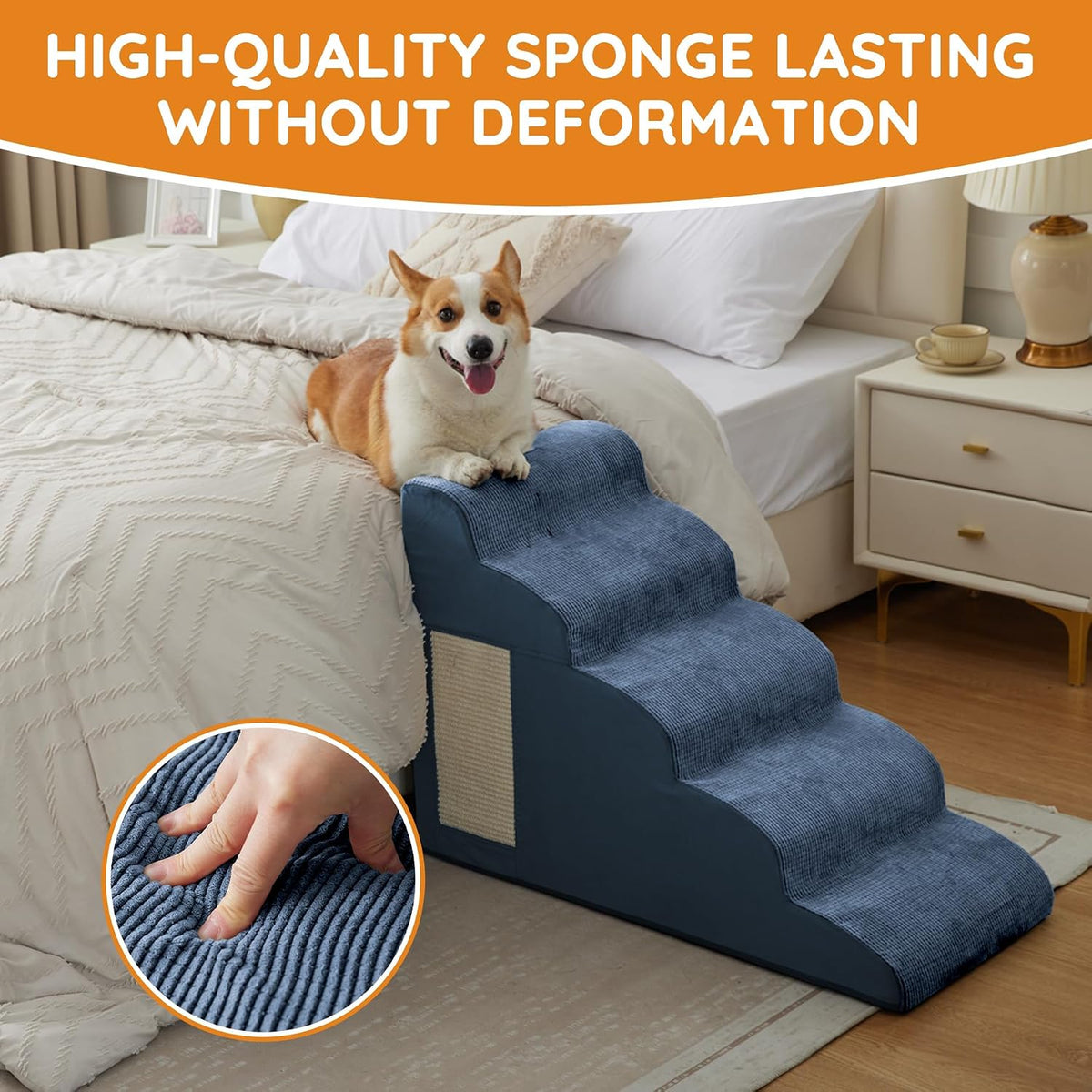 Ahpmeoa Dog Stairs for Small Dogs 15.7" H, Dog Ramp for Bed, 3-Step, Navy